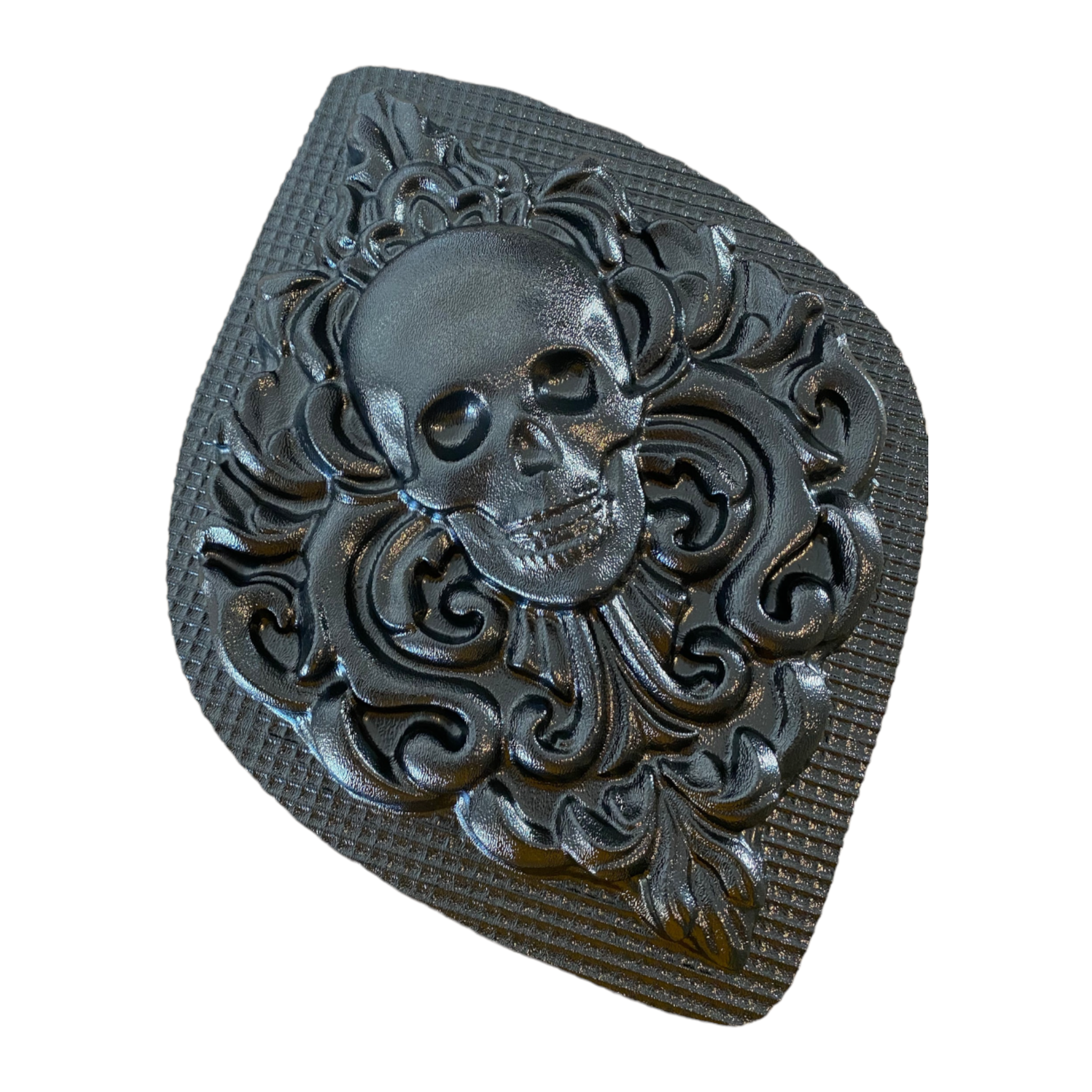 Skull damask ABS casting mold by Pacific Mold Design measuring 14.5 by 10.25 inches showing ornate damask pattern with embedded skull motif for concrete wall plaque casting