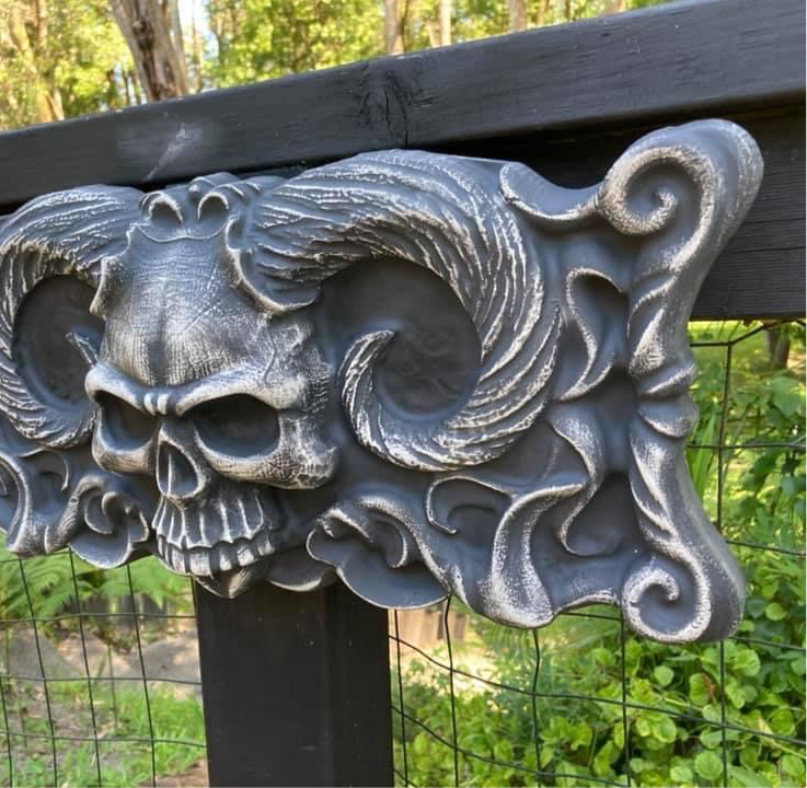 20-inch skull devil ABS casting mold by Pacific Mold Design showing large black plastic mold of menacing skull with devil horns designed for concrete and plaster casting