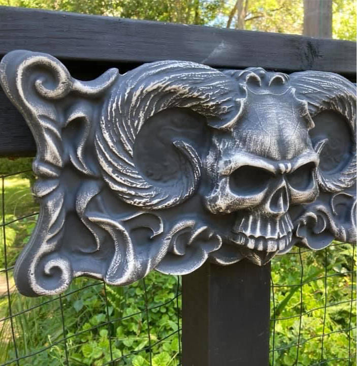 20-inch skull devil ABS casting mold by Pacific Mold Design showing large black plastic mold of menacing skull with devil horns designed for concrete and plaster casting