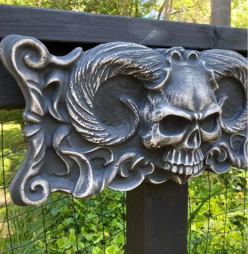 20-inch skull devil ABS casting mold by Pacific Mold Design showing large black plastic mold of menacing skull with devil horns designed for concrete and plaster casting