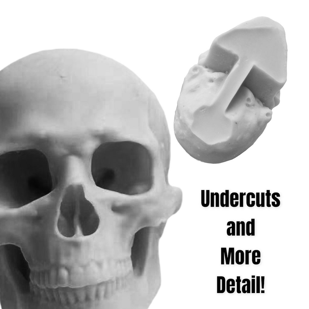 4-inch silicone skull mold by Pacific Mold Design showing flexible mold with deep cranium detail, 4 inches tall by 5 inches long, suitable for resin and candle casting