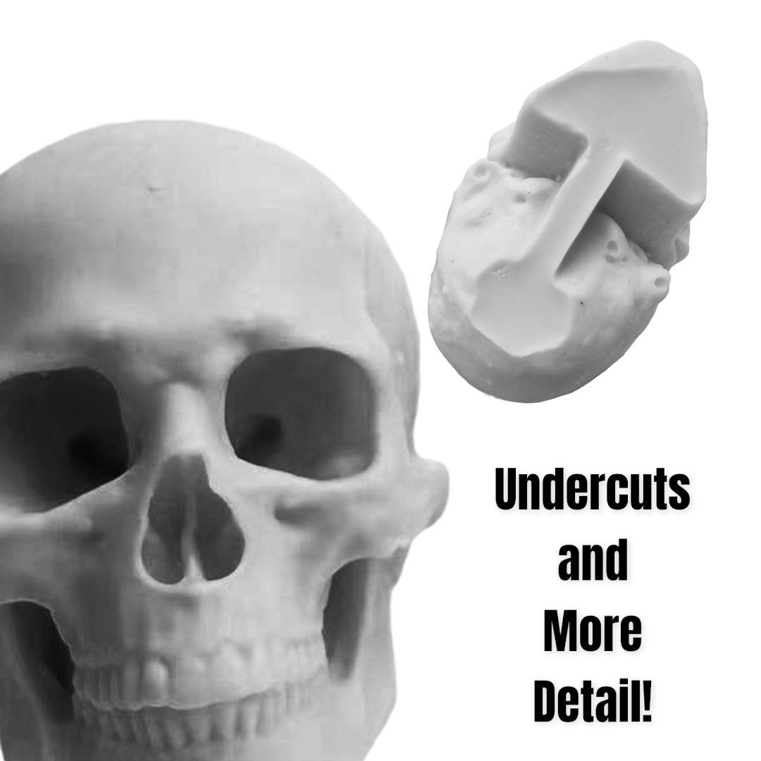 4-inch silicone skull mold by Pacific Mold Design showing flexible mold with deep cranium detail, 4 inches tall by 5 inches long, suitable for resin and candle casting