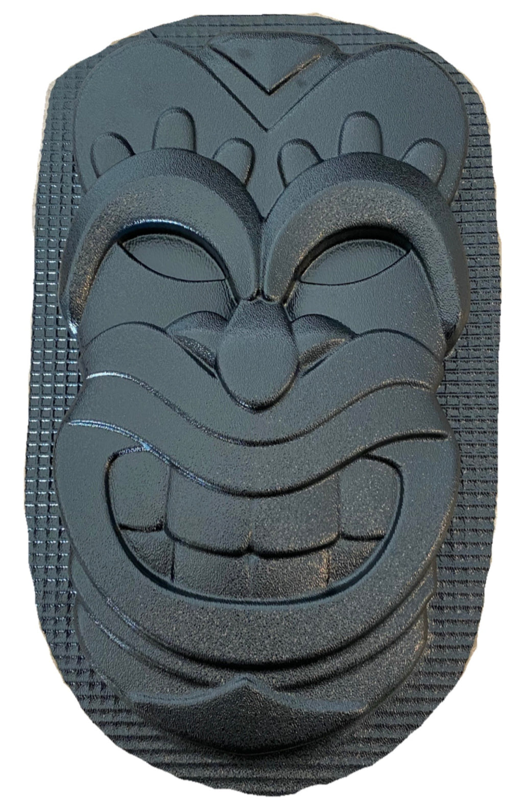 Tiki Tim ABS mold by Pacific Mold Design showing 15-inch wide tiki head face mold in black plastic for casting plaster and concrete tropical tiki bar and garden wall décor