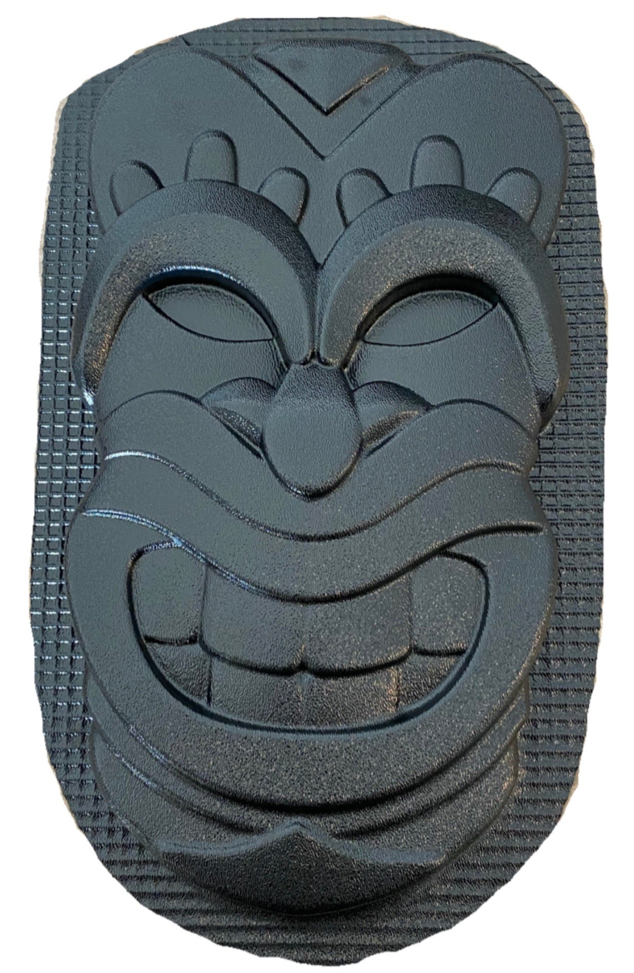 Tiki Tim ABS mold by Pacific Mold Design showing 15-inch wide tiki head face mold in black plastic for casting plaster and concrete tropical tiki bar and garden wall décor