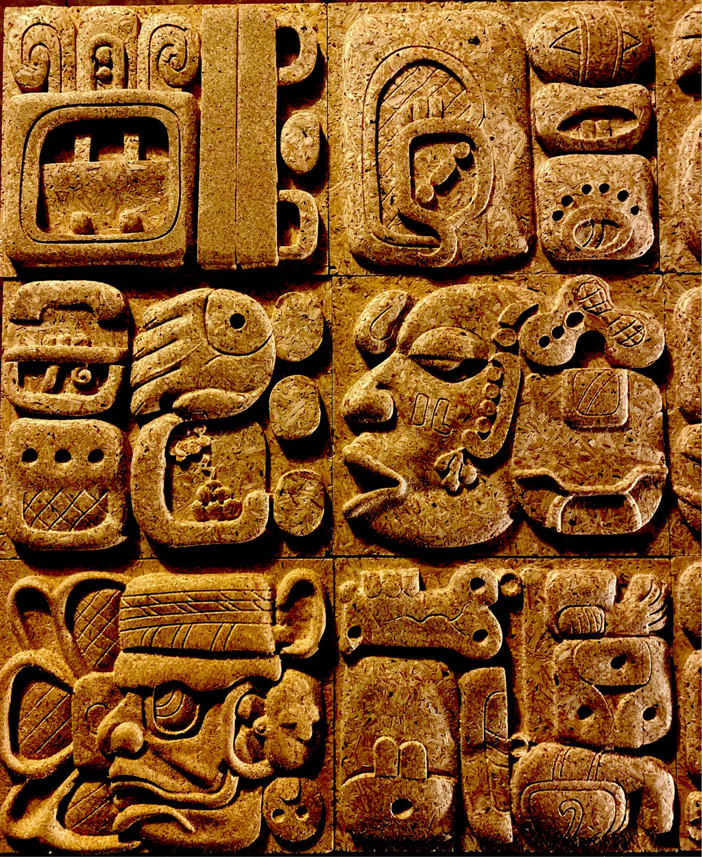 26-piece Mayan theme mold set by Pacific Mold Design showing stone field tile molds, Mayan calendar mold, serpent mold and 12 glyph panel molds for casting concrete Mayan-themed installations