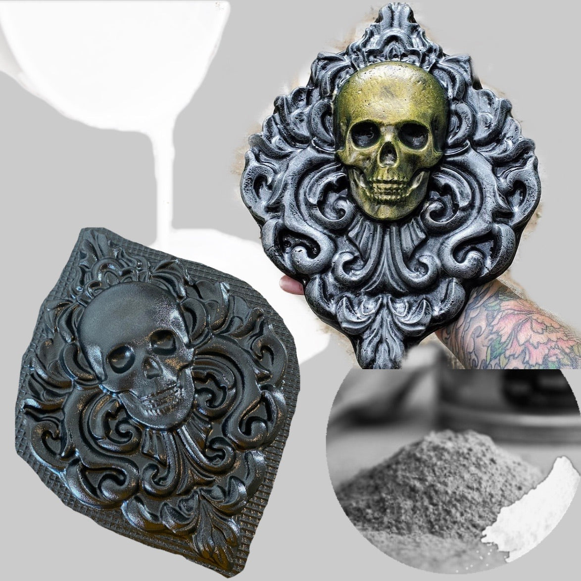 Skull damask ABS casting mold by Pacific Mold Design measuring 14.5 by 10.25 inches showing ornate damask pattern with embedded skull motif for concrete wall plaque casting