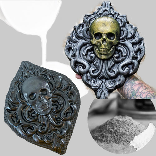 Skull damask ABS casting mold by Pacific Mold Design measuring 14.5 by 10.25 inches showing ornate damask pattern with embedded skull motif for concrete wall plaque casting