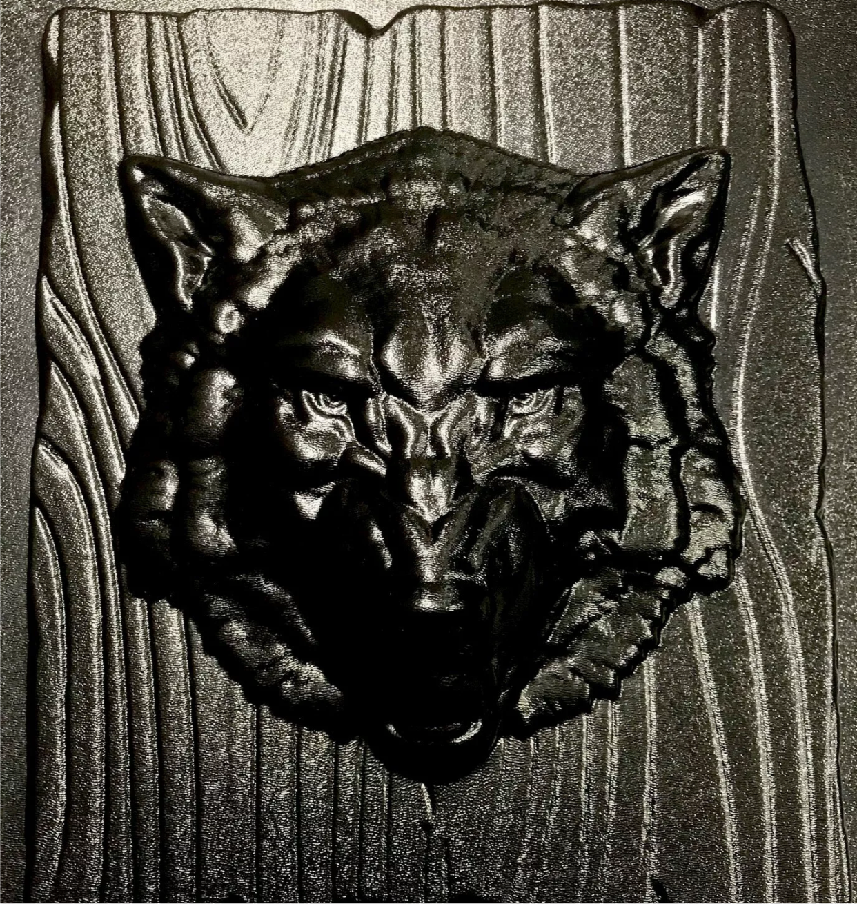 14-inch wolf head ABS casting mold by Pacific Mold Design showing dramatic wolf face with detailed fur texture for casting concrete and plaster indoor and outdoor wildlife wall art