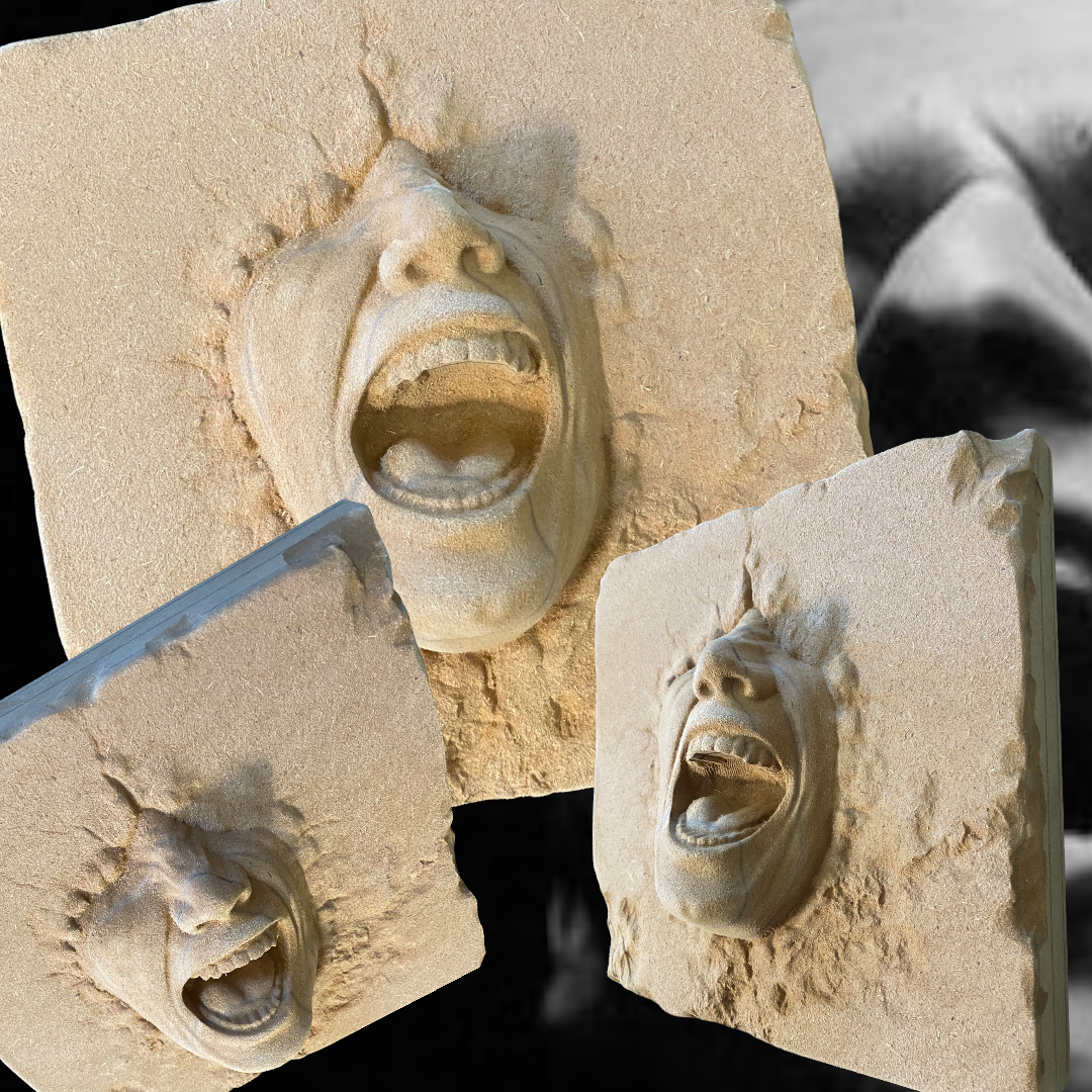 Face through the wall ABS casting mold by Pacific Mold Design showing two-piece mold creating illusion of human face pressing through surface with 2-inch dimensional relief