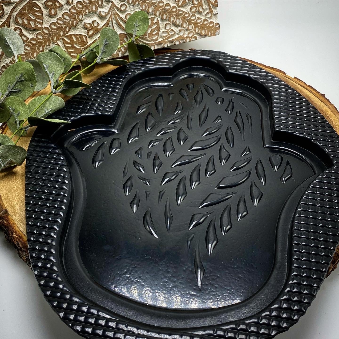 Hamsa hand ABS mold set by Pacific Mold Design showing 10-inch protective hand symbol mold in black plastic sold as set of three for casting concrete and plaster spiritual home and garden décor