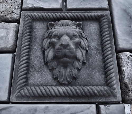 12-inch square lion ABS casting mold by Pacific Mold Design showing bold lion head in square format for casting concrete and plaster indoor and outdoor garden wall art décor