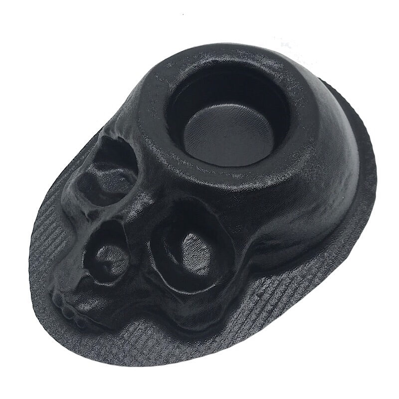 11-inch ABS skull planter mold by Pacific Mold Design showing deep hollow cavity for planting, displayed with a succulent growing from a finished cast