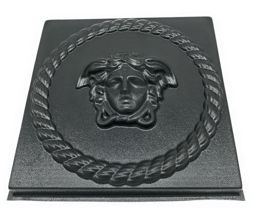 13-inch Medusa ABS casting mold by Pacific Mold Design showing Greek mythology Gorgon goddess face with snake hair in circular format for concrete and plaster mythological wall art