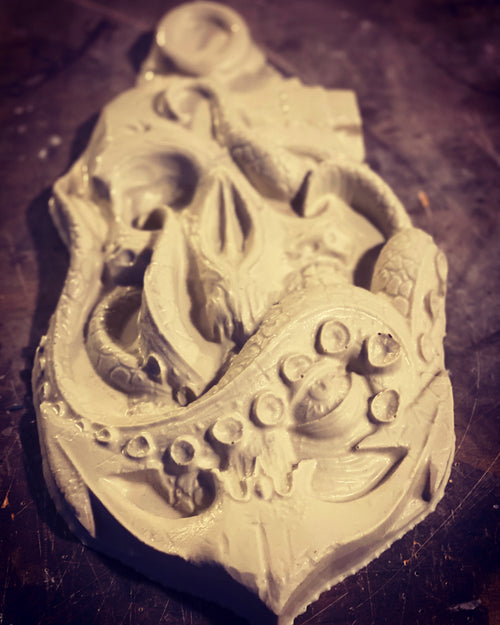 Kraken skull ABS casting mold by Pacific Mold Design measuring 17 by 9 inches showing detailed skull with anchor and octopus tentacles wrapped around it
