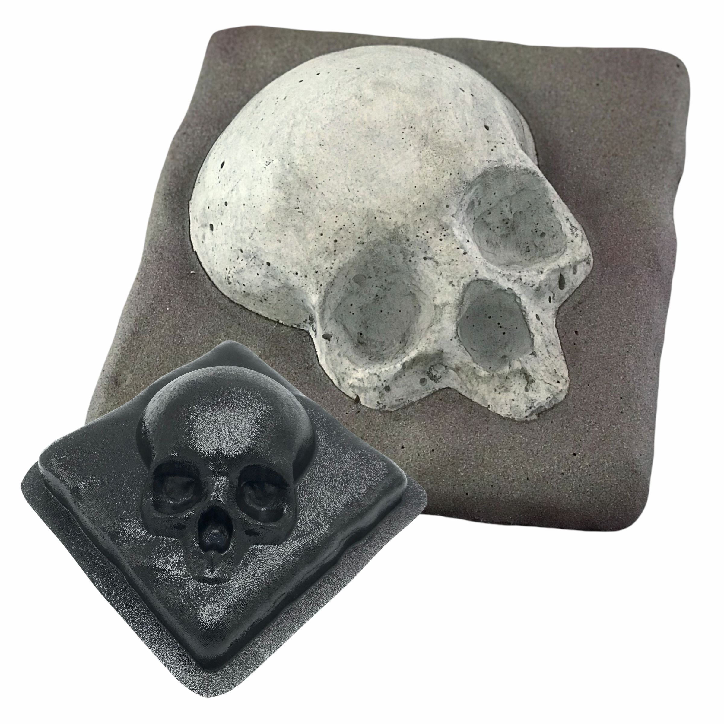 Skull on a rock ABS casting mold by Pacific Mold Design showing 8-inch square mold with skull embedded in stone texture for use as backsplash tile or fireplace accent