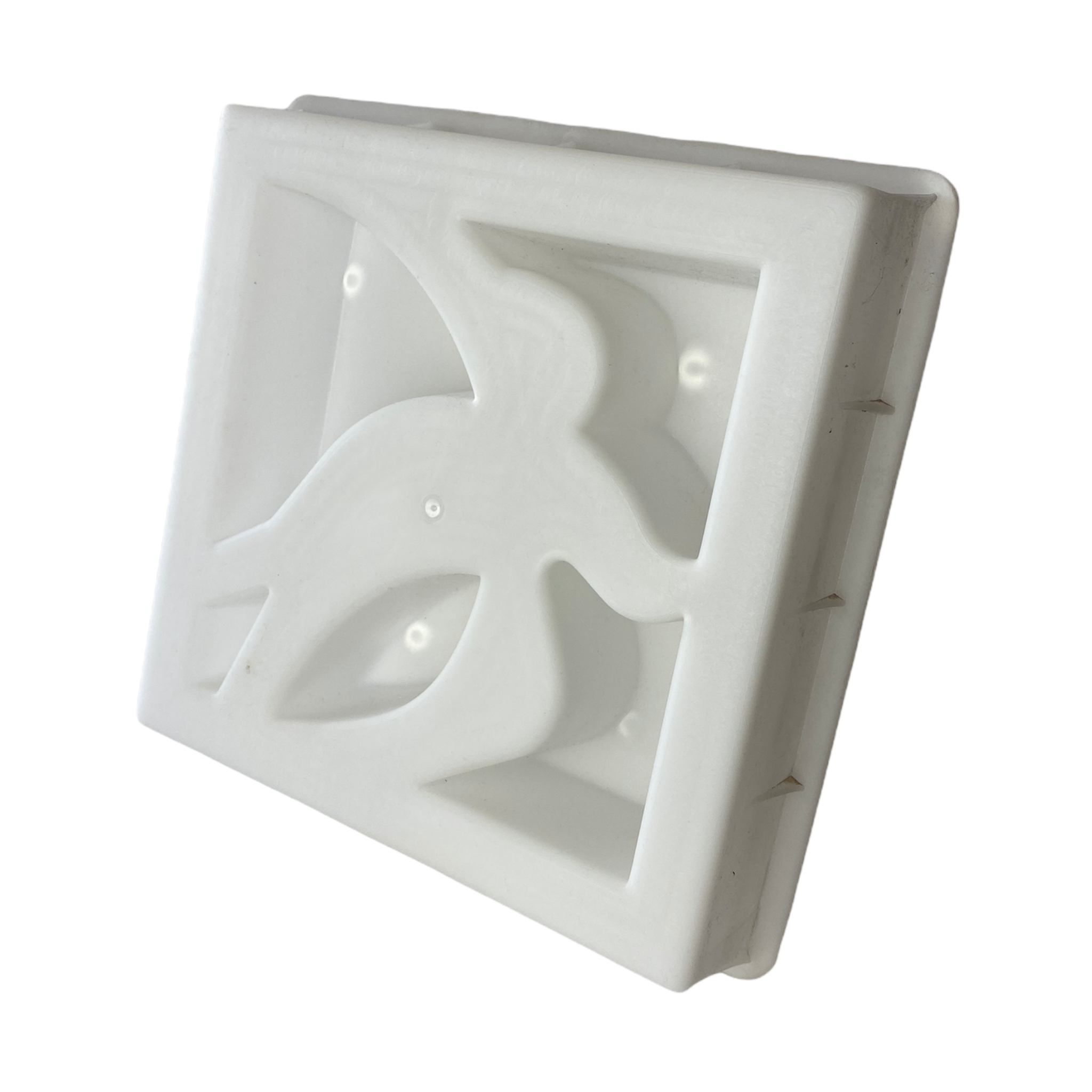 Swallow breeze block mold by Pacific Mold Design showing cast white concrete block with graceful swallow bird geometric pattern for nature-inspired decorative mid-century garden walls and patio screens