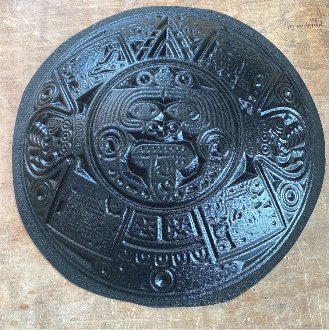 14-inch Mayan calendar ABS orb mold by Pacific Mold Design showing large half-dome mold with intricate ancient Mayan glyph and calendar symbol detail for concrete and plaster wall art casting