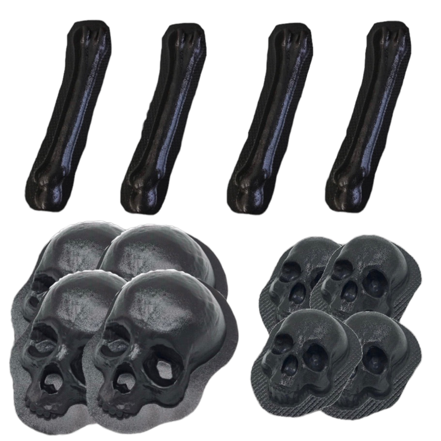12-piece catacomb mold set by Pacific Mold Design showing assorted ABS skull molds and femur bone molds in a collection for casting concrete catacombs and gothic bone wall installations