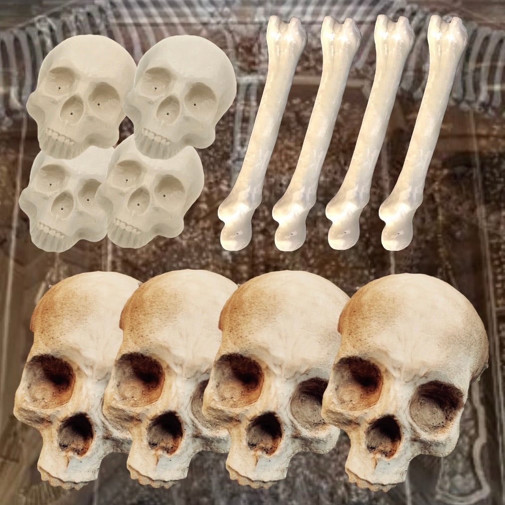 12-piece catacomb mold set by Pacific Mold Design showing assorted ABS skull molds and femur bone molds in a collection for casting concrete catacombs and gothic bone wall installations