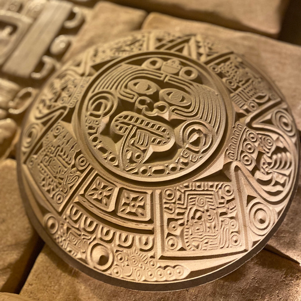 14-inch Mayan calendar ABS orb mold by Pacific Mold Design showing large half-dome mold with intricate ancient Mayan glyph and calendar symbol detail for concrete and plaster wall art casting