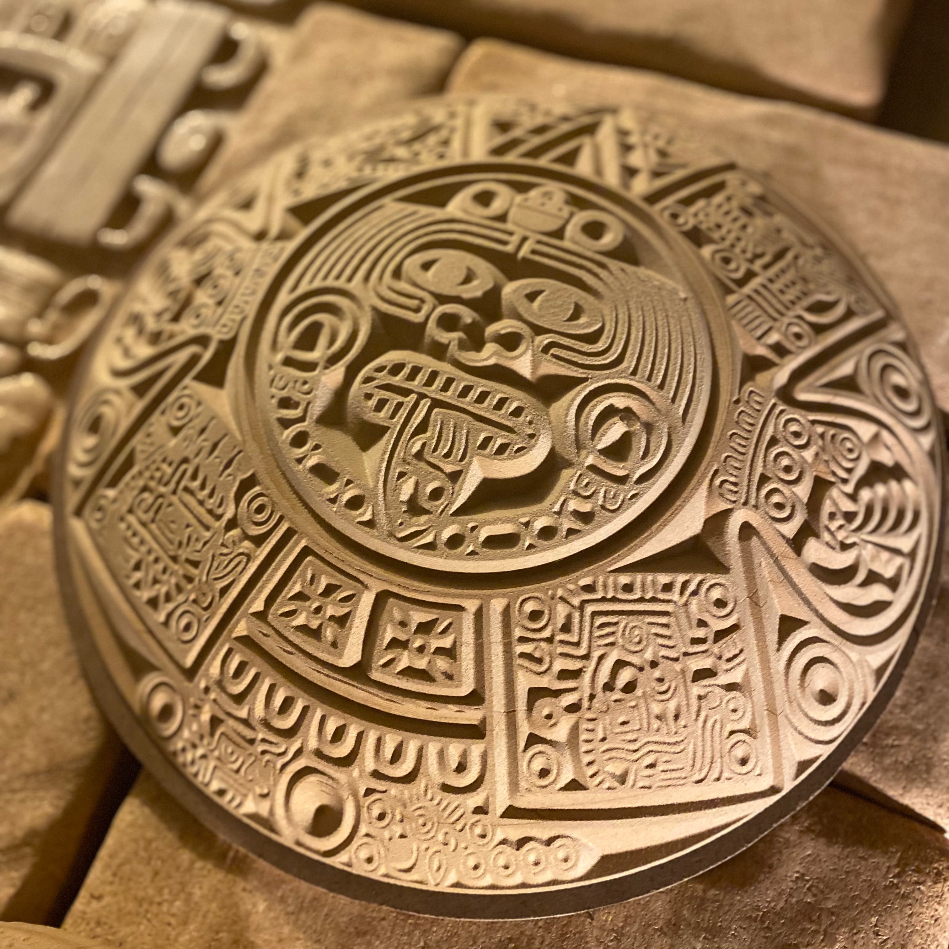 14-inch Mayan calendar ABS orb mold by Pacific Mold Design showing large half-dome mold with intricate ancient Mayan glyph and calendar symbol detail for concrete and plaster wall art casting