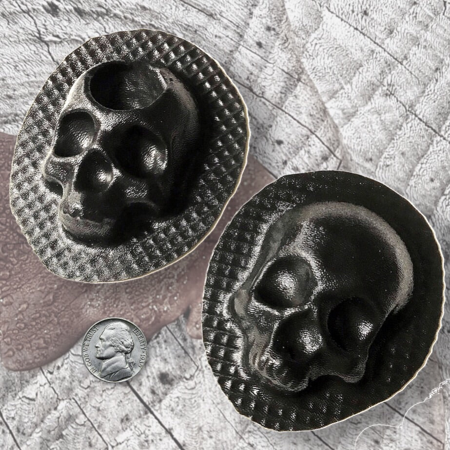 5-piece mini 4-inch skull mold set by Pacific Mold Design showing assorted small ABS skull and skull tealight molds for casting concrete and plaster small skull decorations