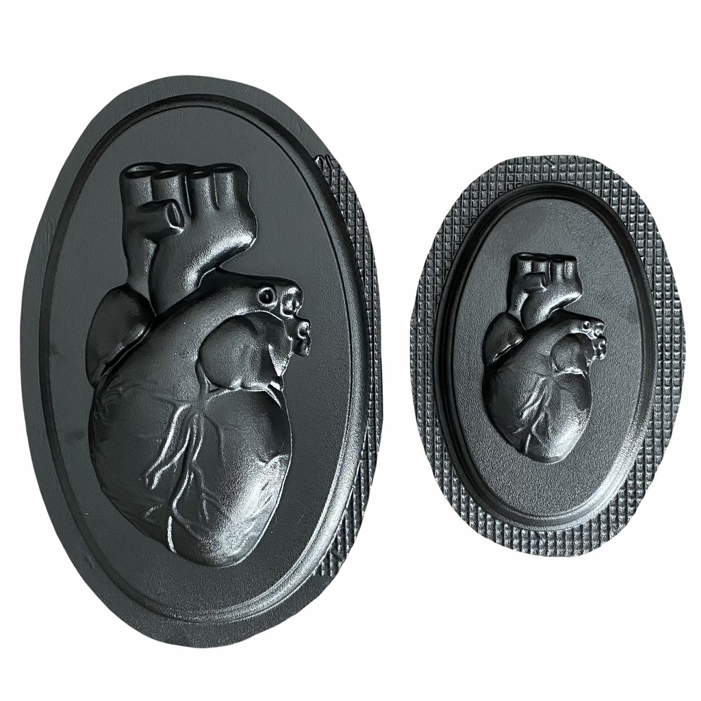 Anatomical heart ABS mold set by Pacific Mold Design showing large and small realistic human heart shaped molds for casting concrete and plaster anatomical heart sculptures and décor
