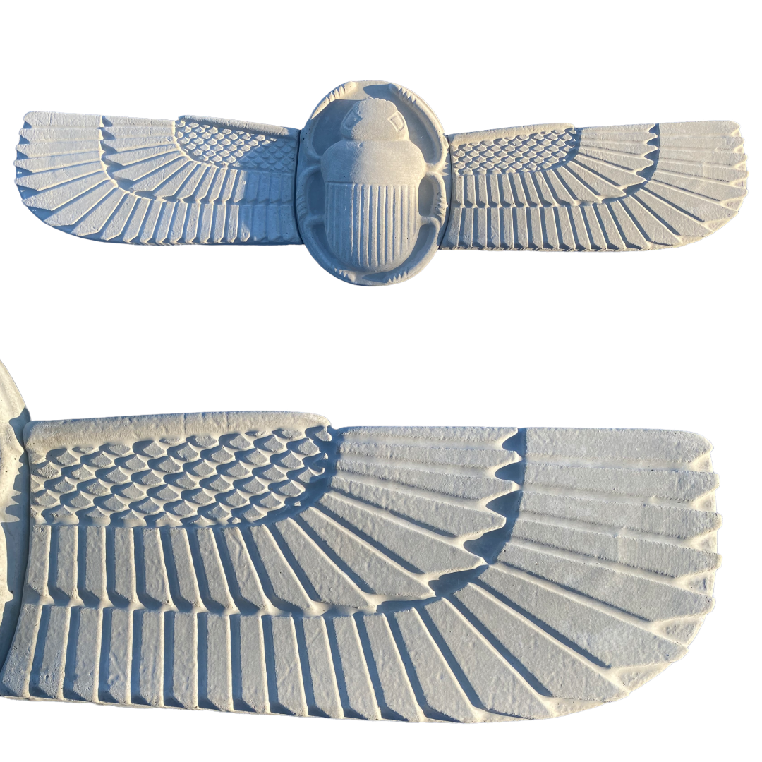 3-piece Egyptian scarab ABS casting mold by Pacific Mold Design showing massive 40-inch wingspan winged scarab beetle mold for casting concrete and plaster Egyptian themed cultural art