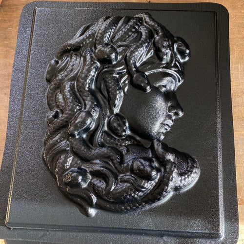 Medusa snakes ABS mold set by Pacific Mold Design showing 14-inch Medusa face with detailed venomous snake hair in two-piece set for concrete and plaster Greek mythology wall art casting