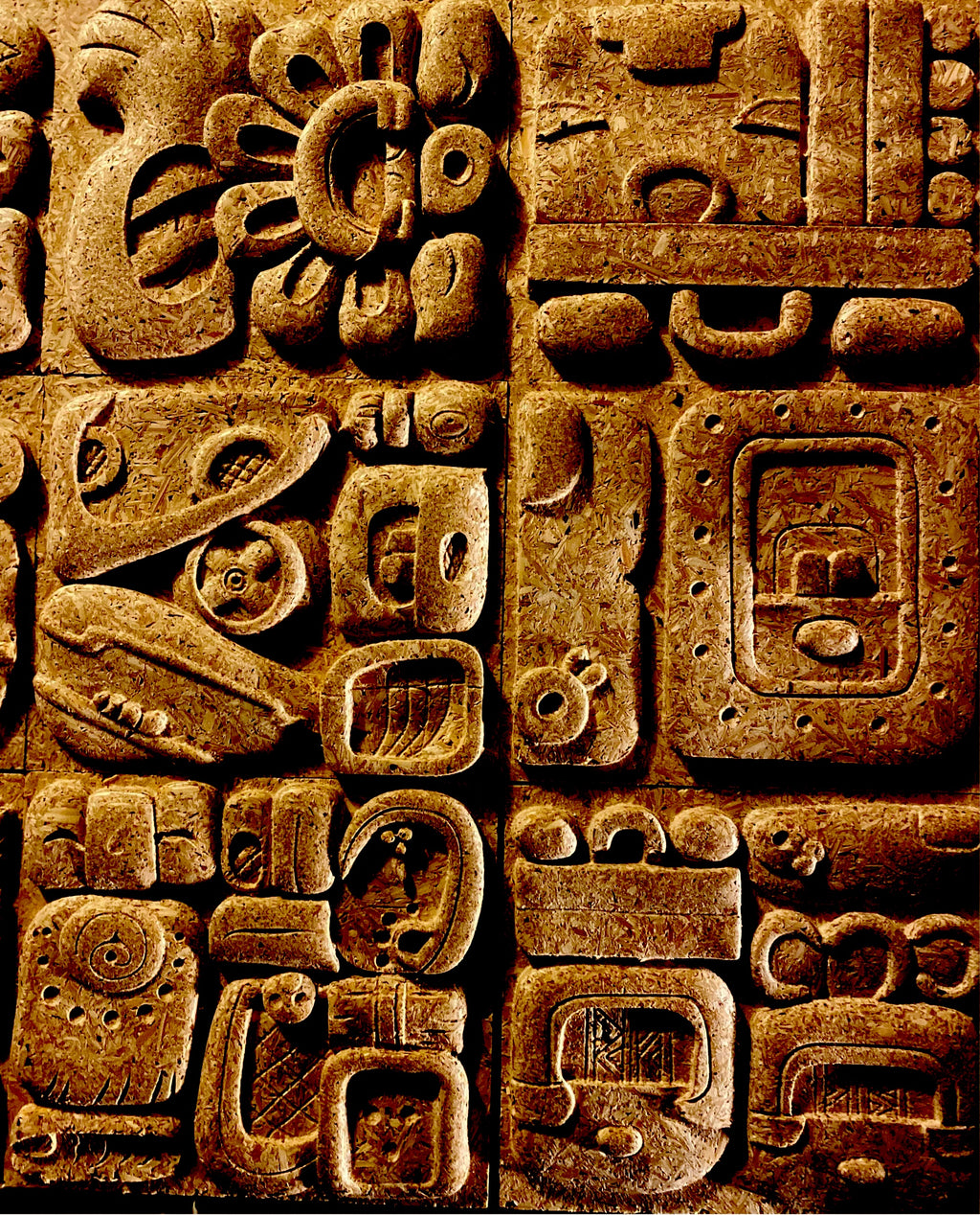 26-piece Mayan theme mold set by Pacific Mold Design showing stone field tile molds, Mayan calendar mold, serpent mold and 12 glyph panel molds for casting concrete Mayan-themed installations