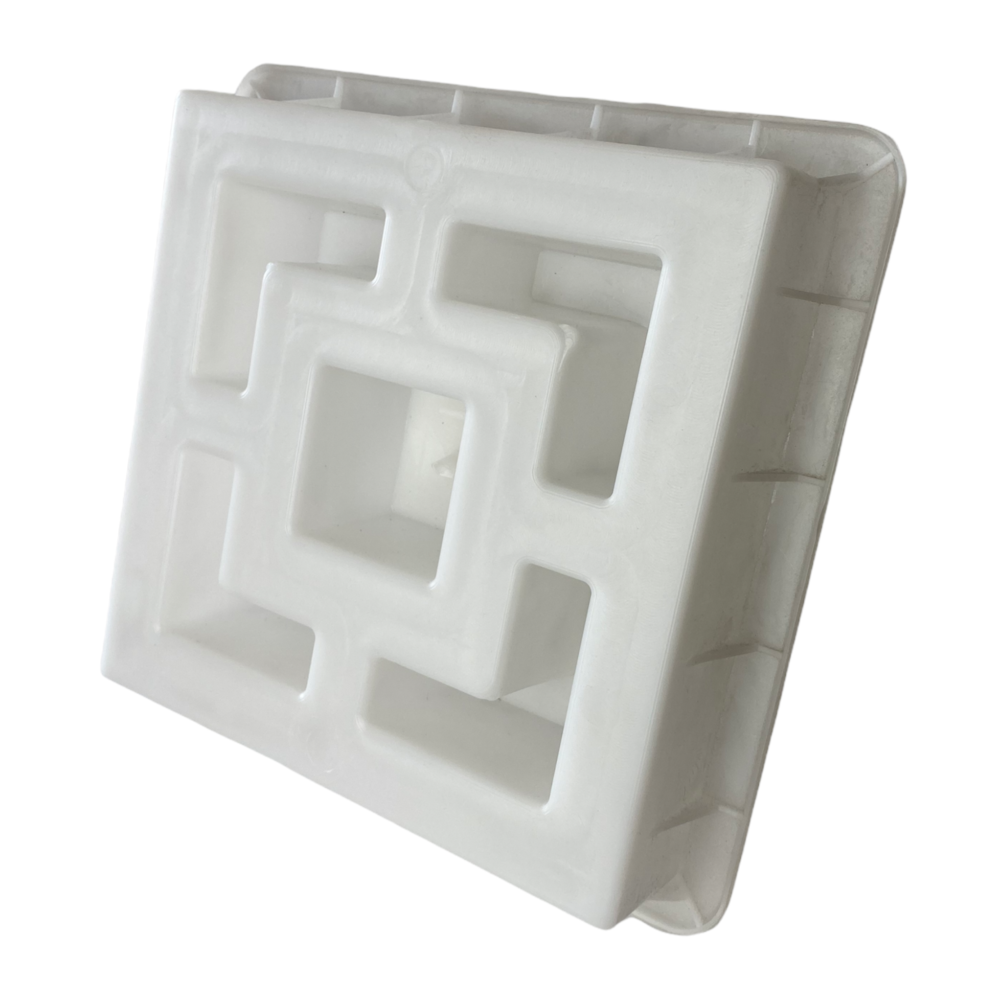 Vista-Vue cube breeze block mold by Pacific Mold Design showing cast white concrete block with classic mid-century Art Deco cube geometric pattern for decorative garden and patio walls