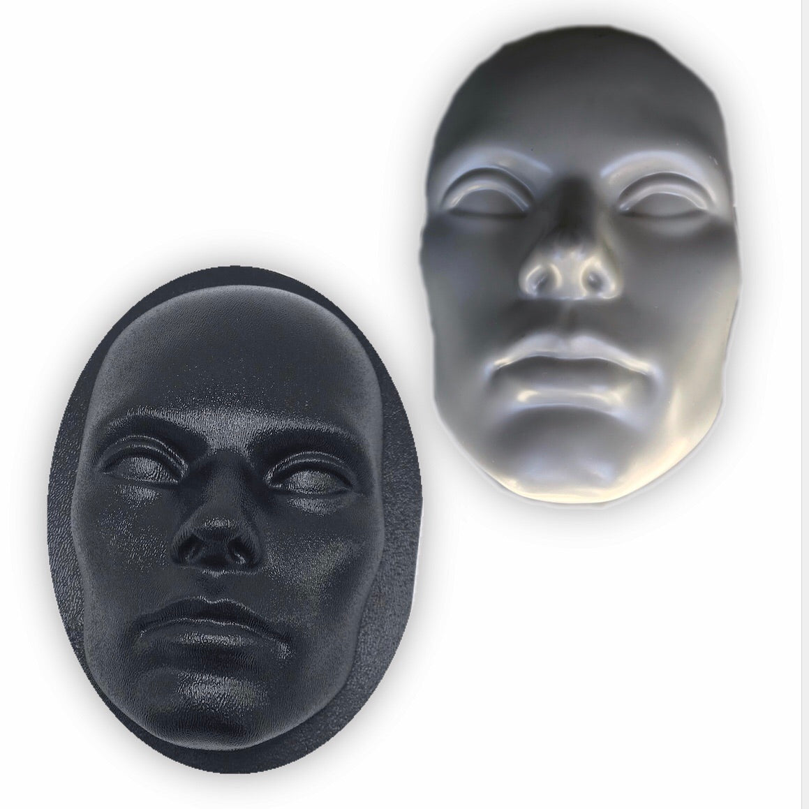 8-inch human face ABS casting mold by Pacific Mold Design showing two black plastic molds with realistic facial features for plaster and concrete wall art casting