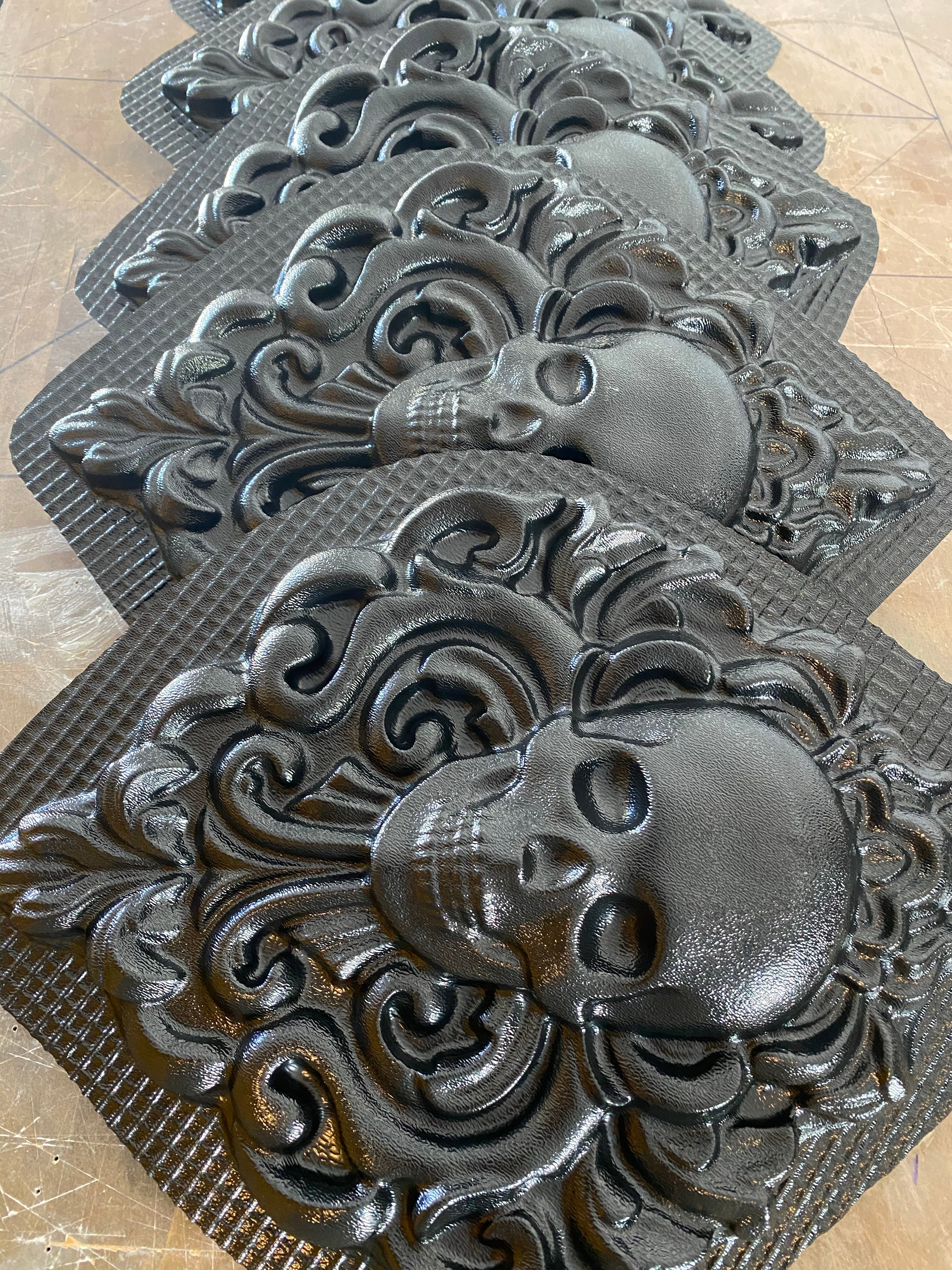 Skull damask ABS casting mold by Pacific Mold Design measuring 14.5 by 10.25 inches showing ornate damask pattern with embedded skull motif for concrete wall plaque casting